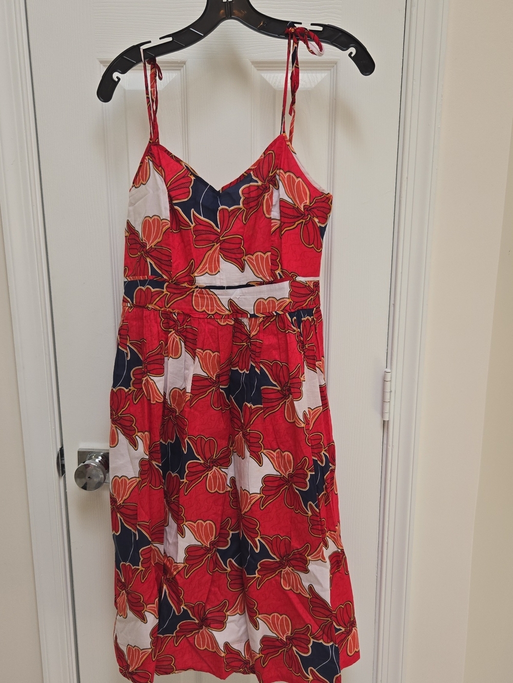 Ann Taylor Factory Red Floral Midi Dress with Navy Accents